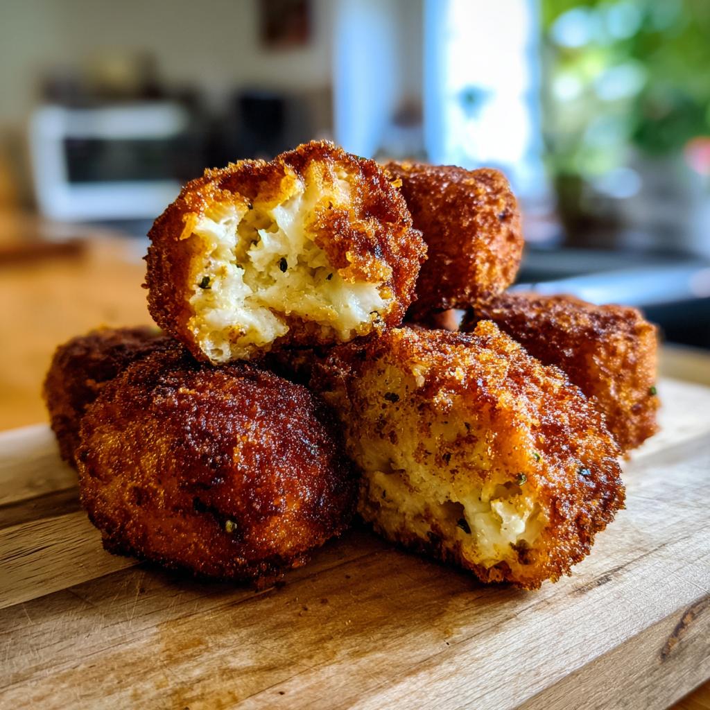 Croquetas cremosas caseras doradas con interior suave y cremoso en tabla de madera