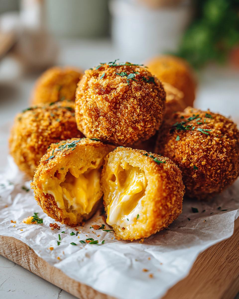 Croquetas cremosas caseras doradas con relleno de queso fundido y hierbas frescas
