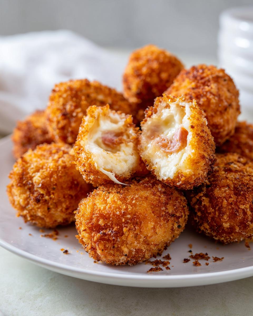 Croquetas de jamón doradas y crujientes con interior cremoso y trozos de jamón visibles
