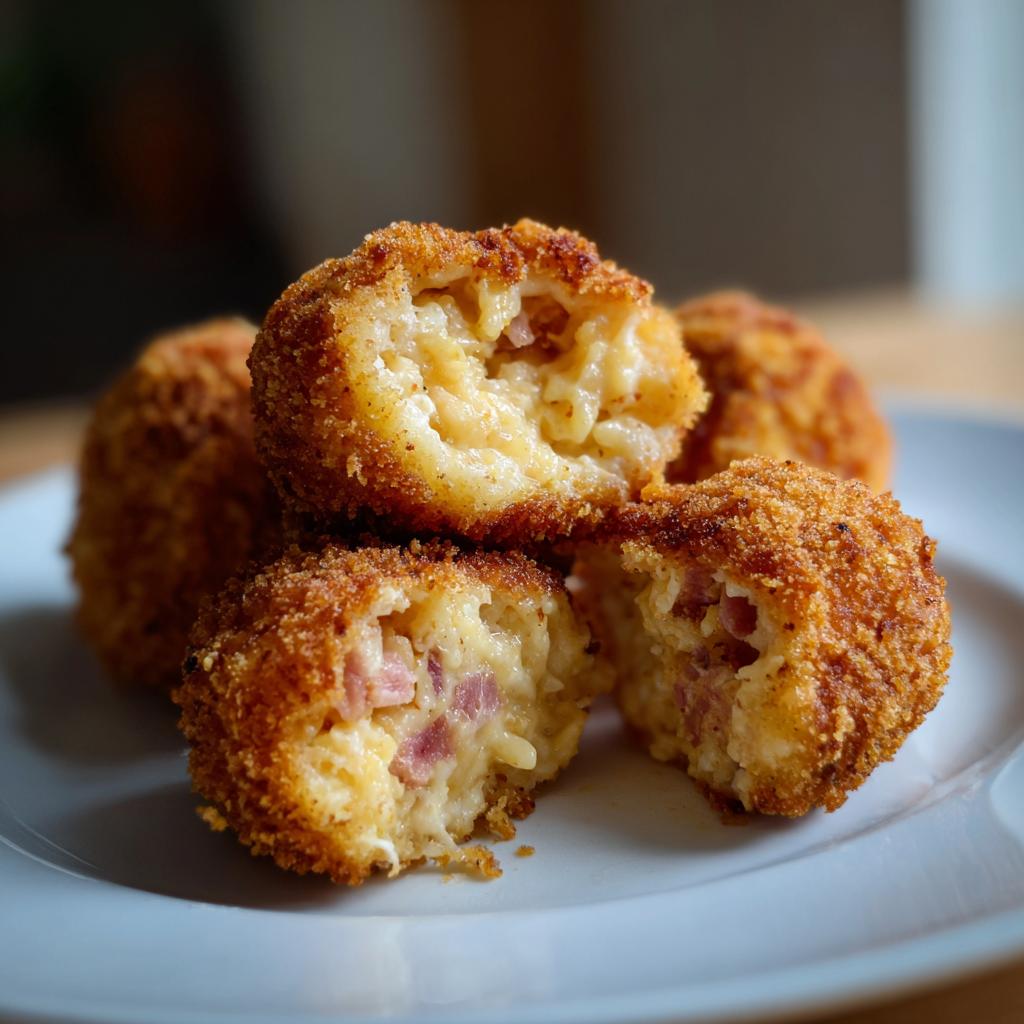Croquetas de jamón doradas y crujientes con relleno cremoso en un plato blanco