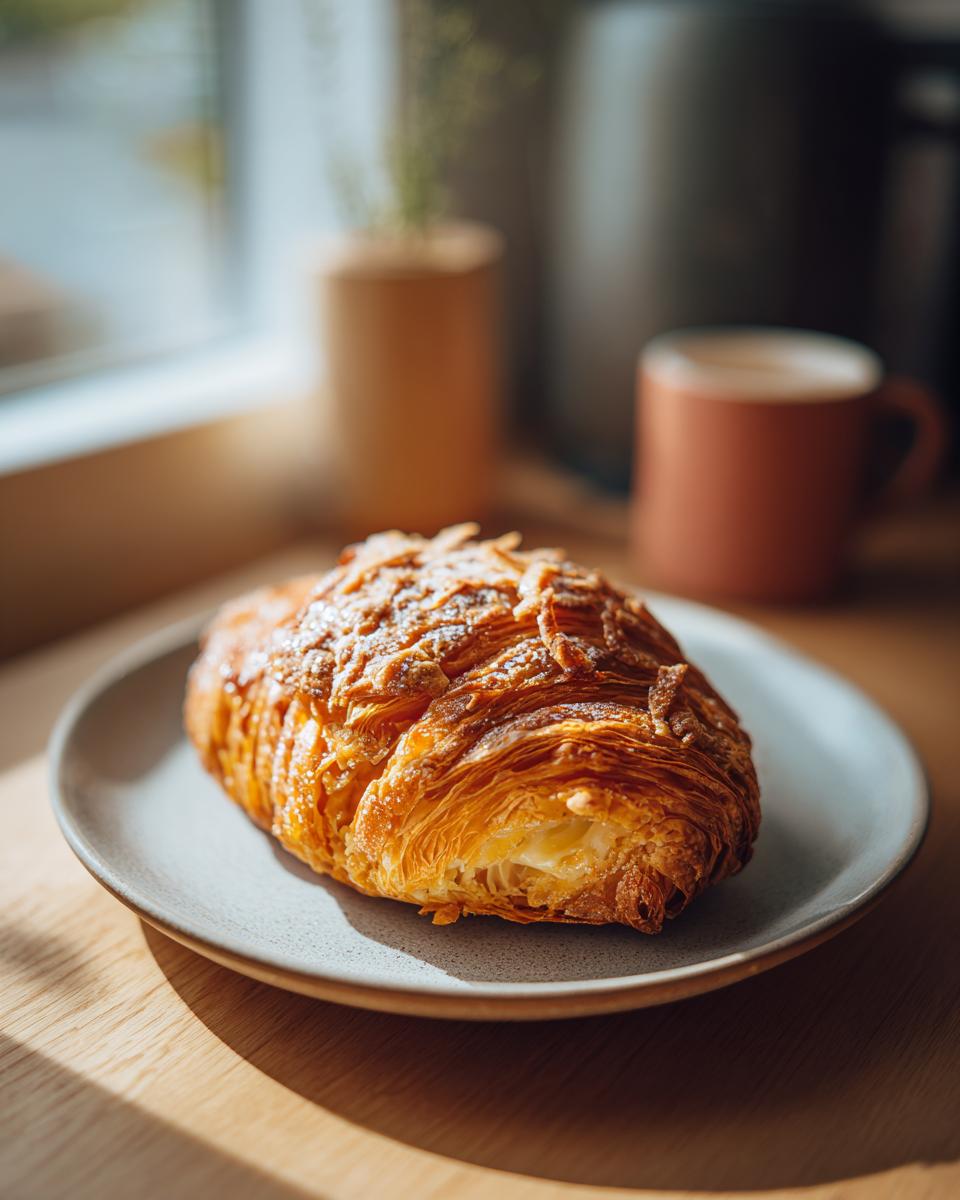 Cruasán dorado y hojaldrado relleno, servido en plato gris, ideal para postres de Pascua.