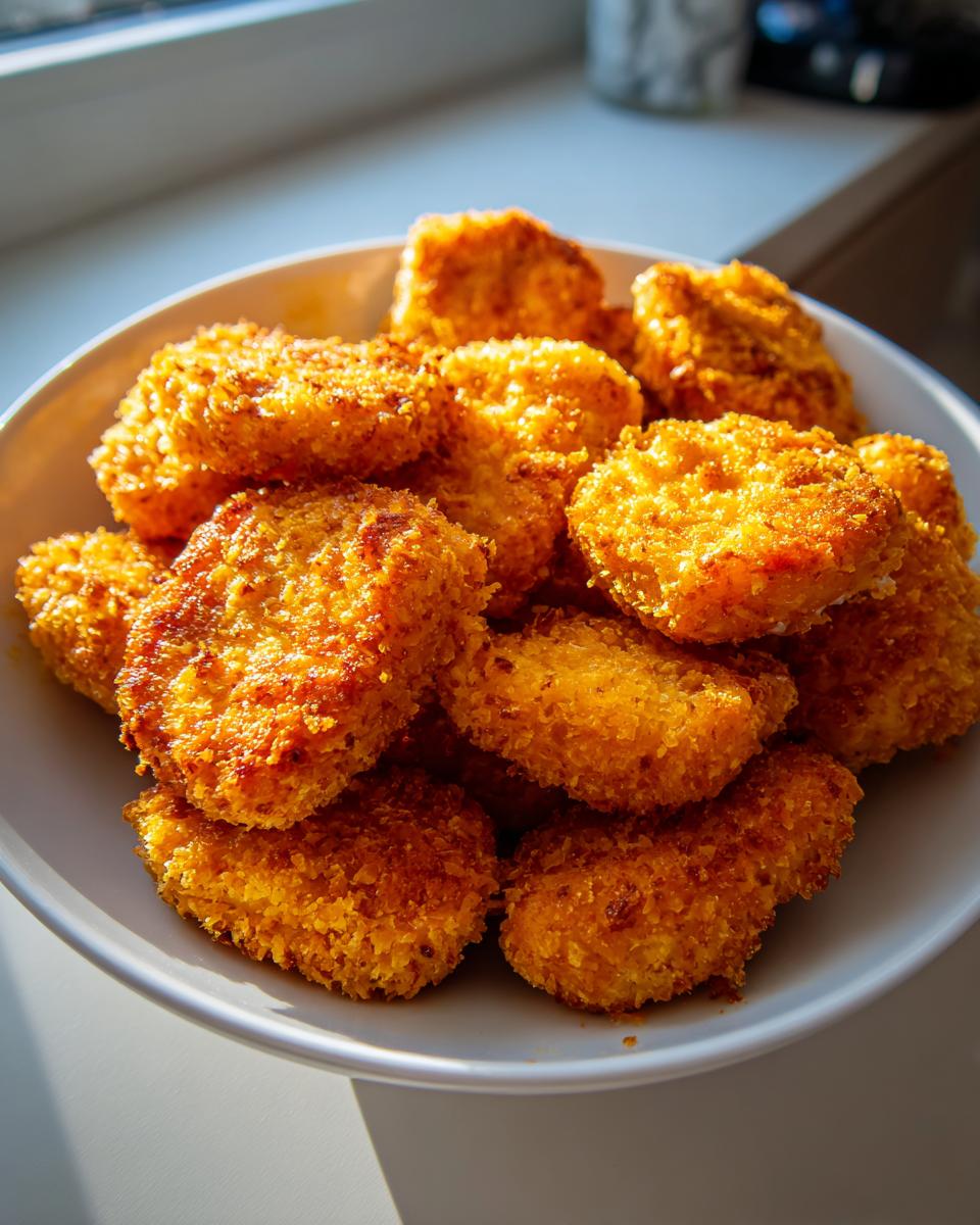 Plato blanco con crujientes nuggets de pollo en airfryer dorados al sol