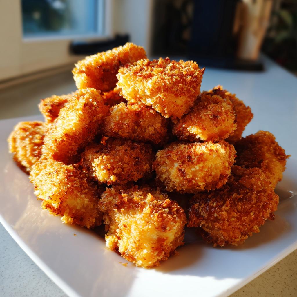 Plato con crujientes nuggets de pollo en airfryer dorados y apetitosos