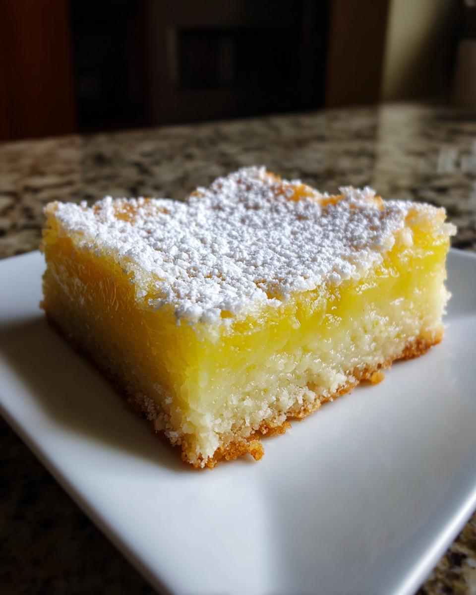 Cuadrado de limón con capa amarilla y azúcar glas espolvoreada encima en un plato blanco.