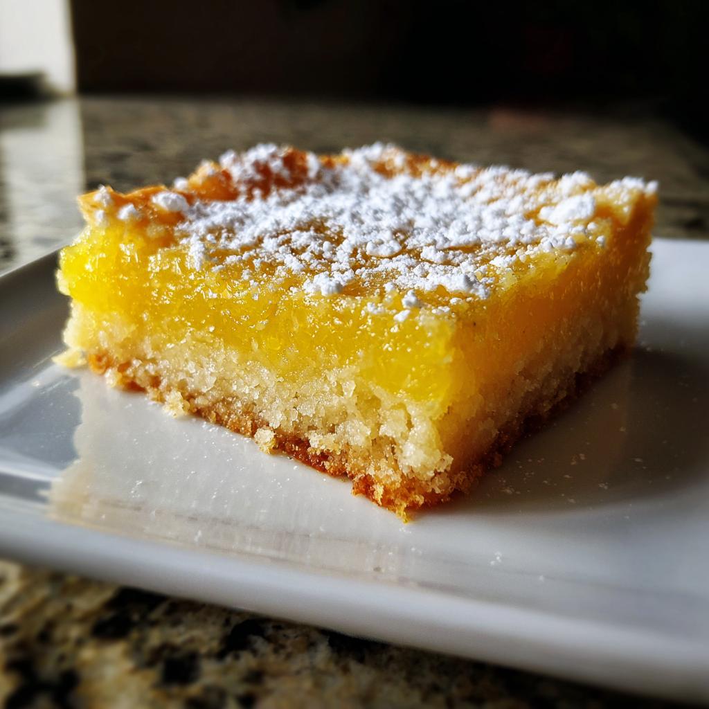 Cuadrado de limón con capa amarilla y base crujiente espolvoreado con azúcar glas.