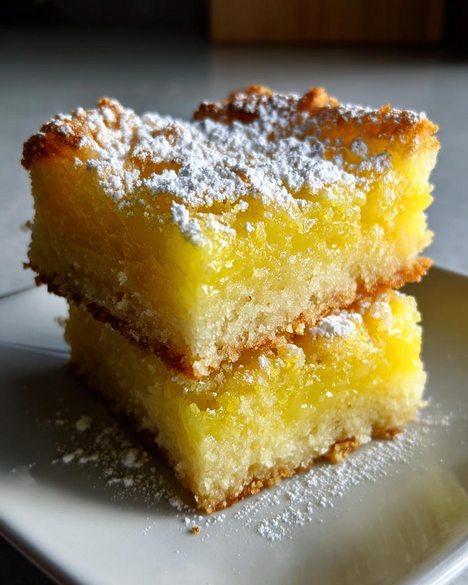 Dos cuadrados de limón apilados con azúcar glas espolvoreada encima.