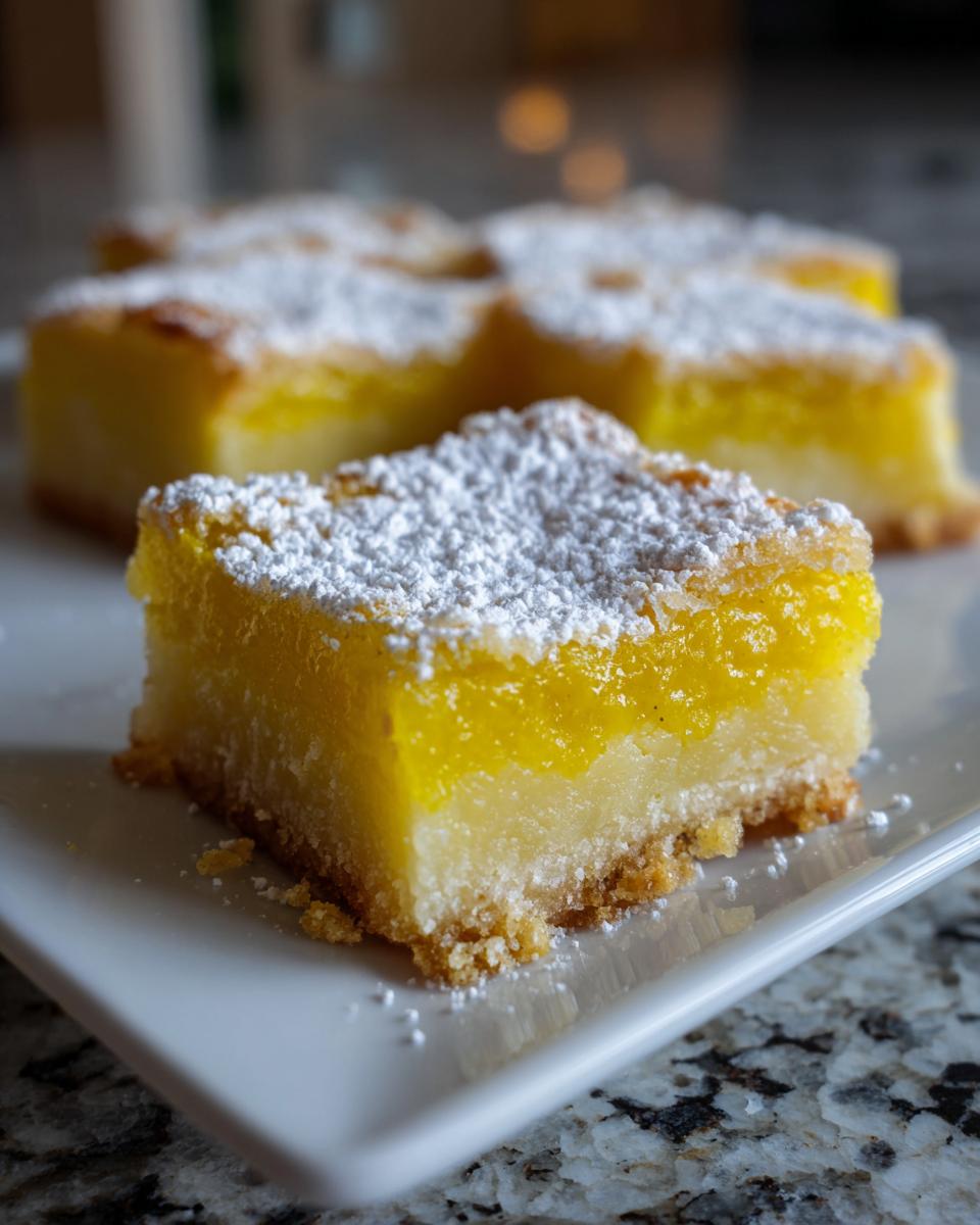 Cuadrados de limón con base de galleta y azúcar glas espolvoreada encima