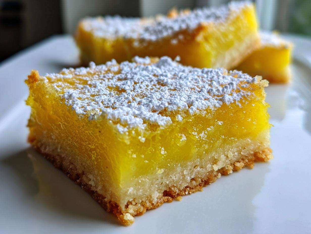 Primer plano de dos cuadrados de limón con azúcar glas sobre un plato blanco.
