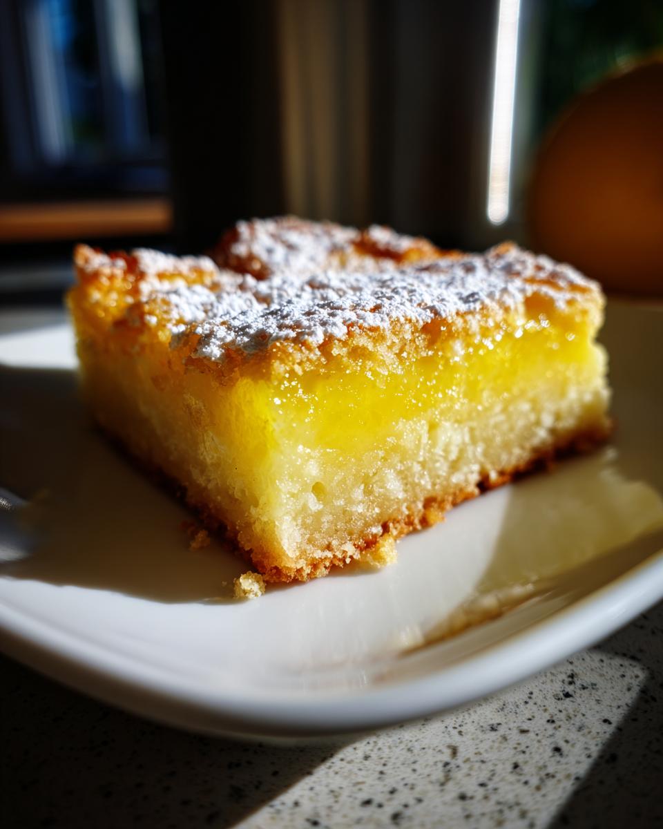 Primer plano de un cuadrado de limón con base de masa y azúcar glas encima