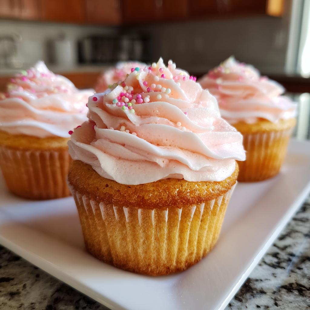Cupcakes Día de la Madre con glaseado rosa y chispas de colores en plato blanco.