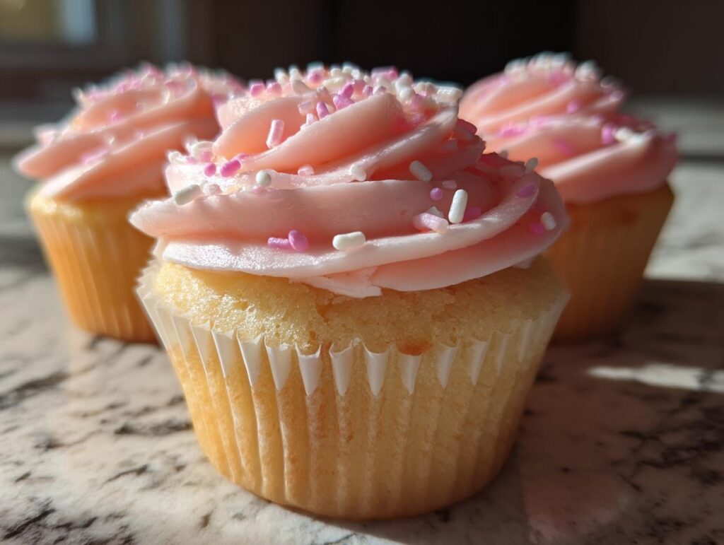 Tres cupcakes Día de la Madre con glaseado rosa y chispas blancas y rosas sobre superficie marmoleada