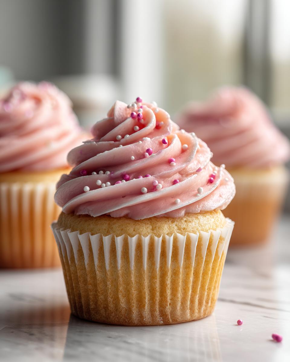 Cupcakes Día de la Madre con glaseado rosa y chispas decorativas en primer plano