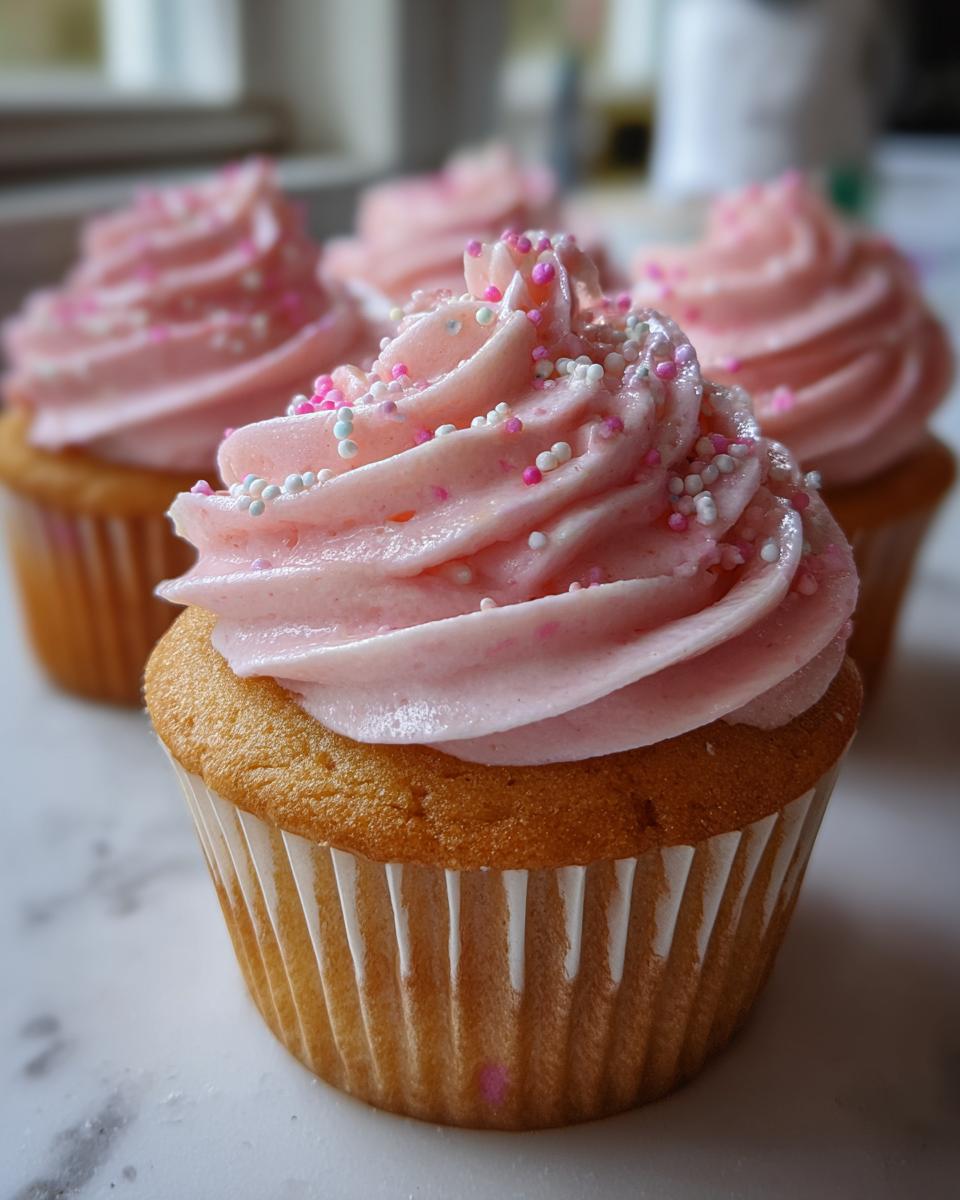 Cupcakes Día de la Madre con glaseado rosa y pequeñas bolitas decorativas de colores pastel.