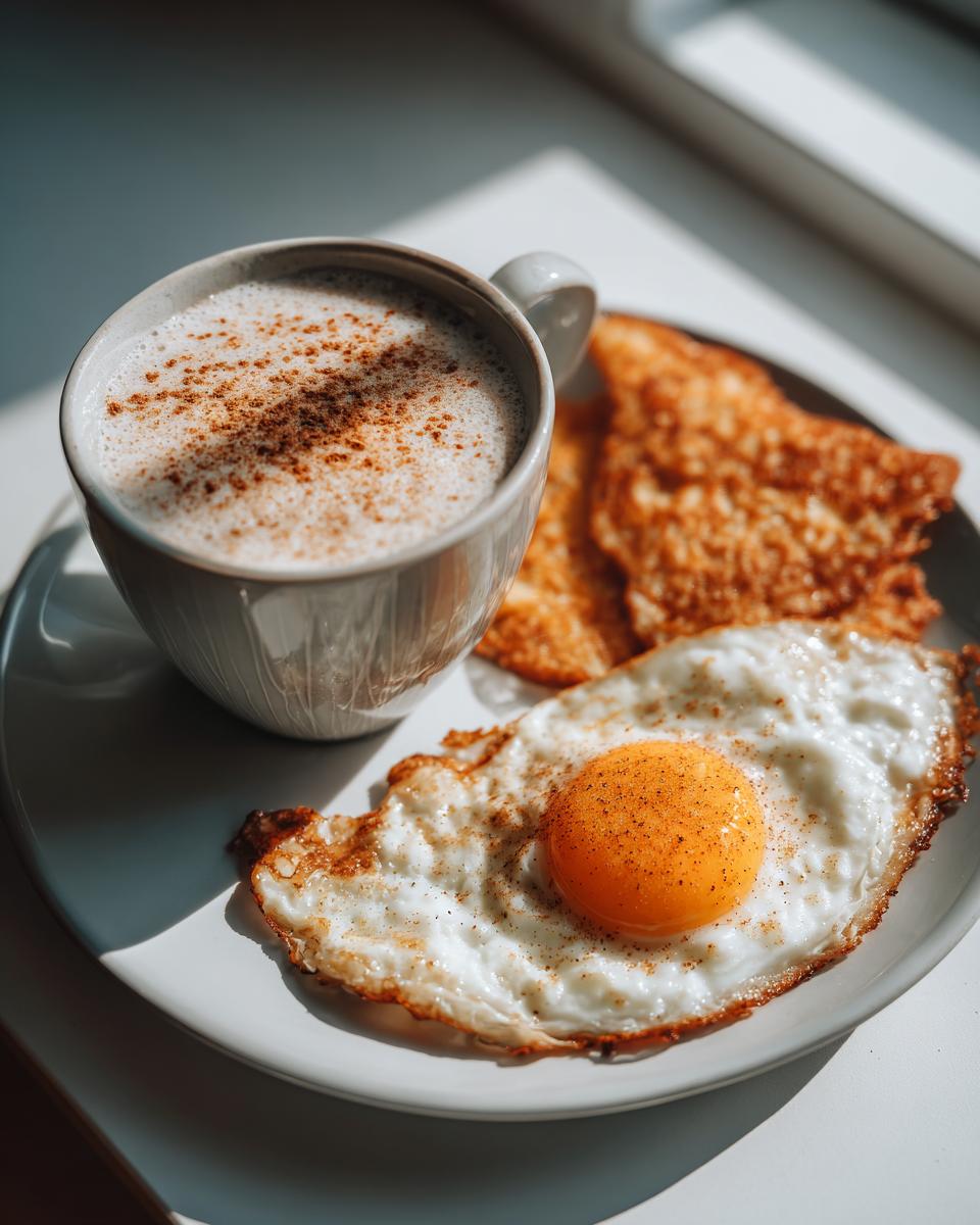 Plato con desayuno saludable que incluye huevo frito, café con canela y tostadas crujientes.