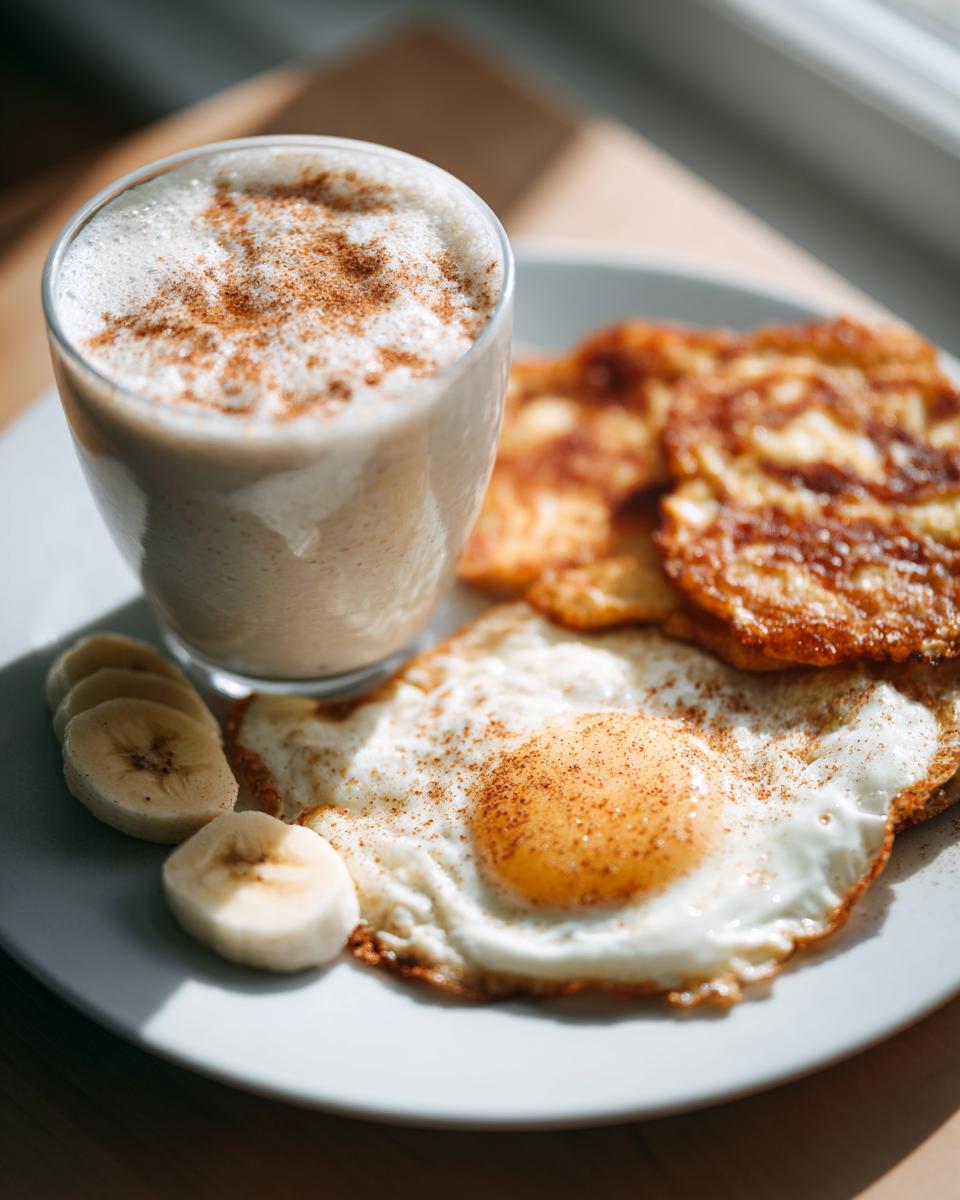 Plato con desayuno saludable que incluye huevo frito, rodajas de plátano, tortitas y bebida espumosa con canela.