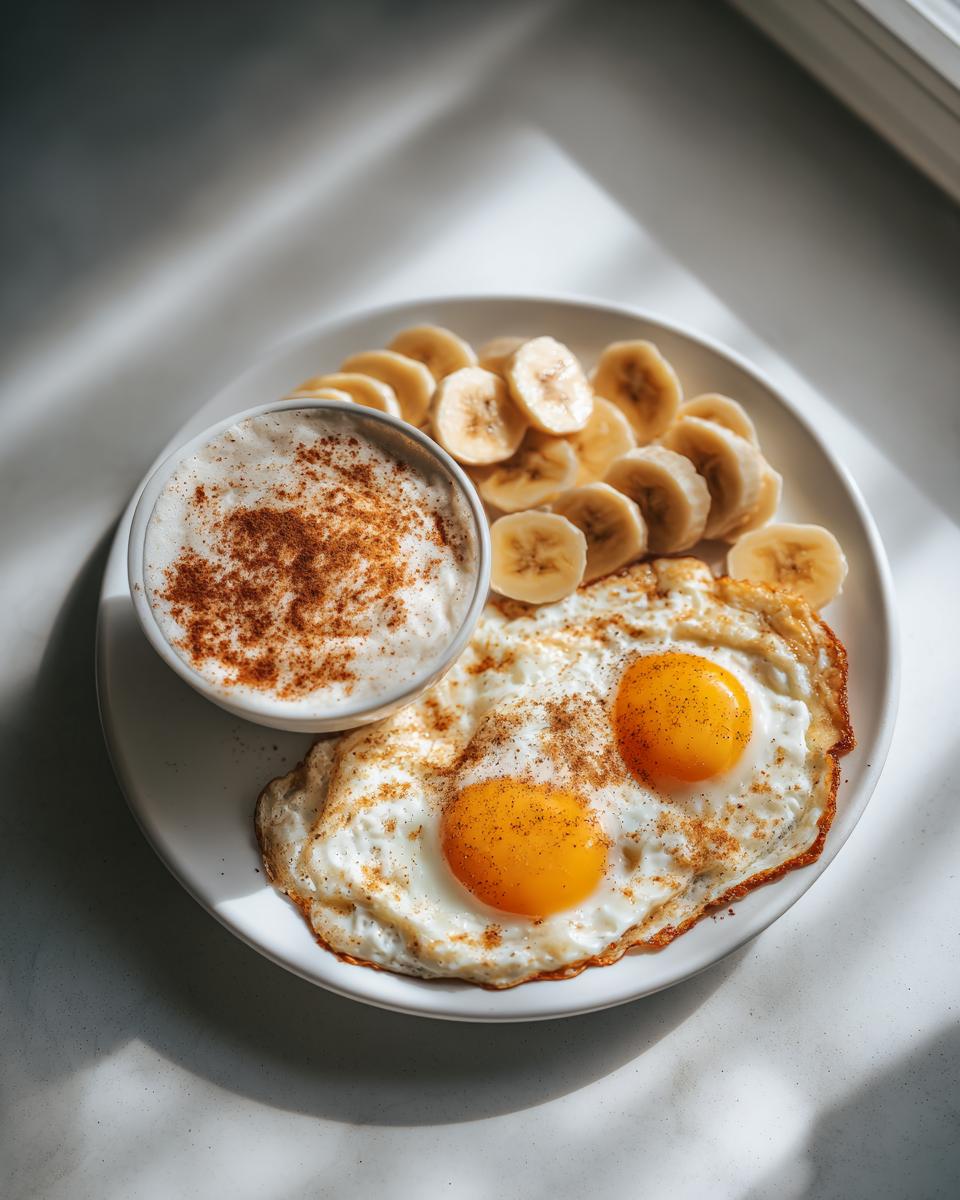 Plato con dos huevos fritos, rodajas de plátano y taza de café con canela, desayuno saludable