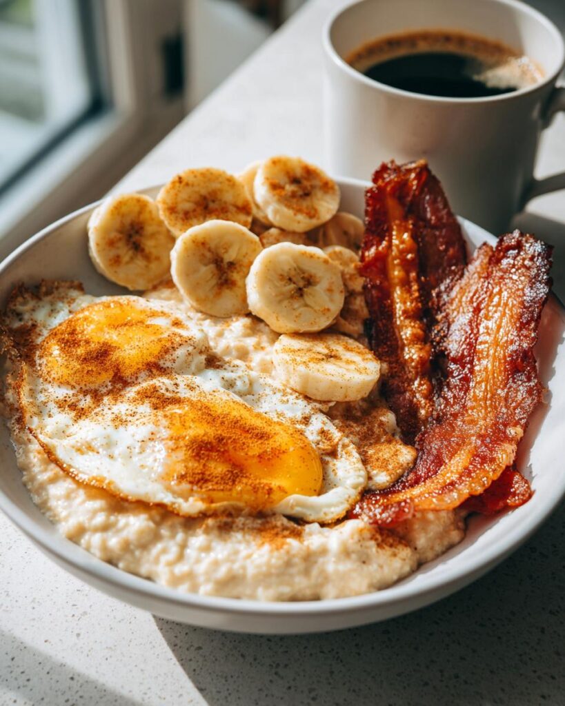 Plato con desayuno saludable que incluye huevos fritos, rodajas de plátano, tocino crujiente y avena, con café al fondo