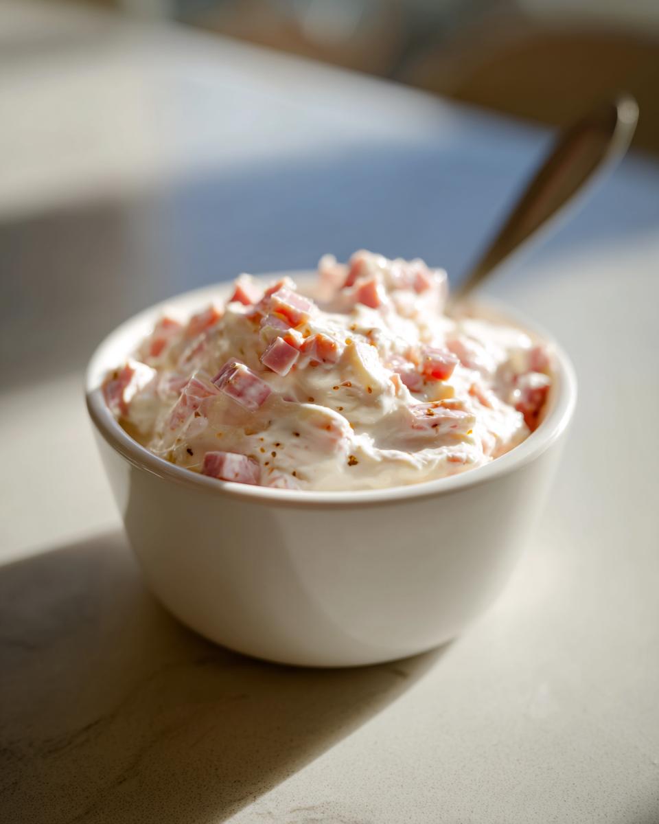 Recipiente blanco con dip cremoso de jamón picado, ideal para aperitivos fríos para llevar