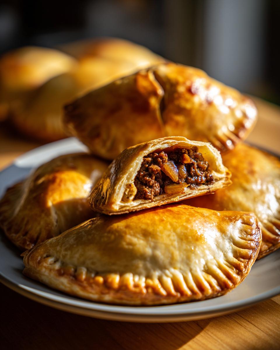 Plato con empanadas argentinas doradas y una empanada abierta mostrando carne y cebolla