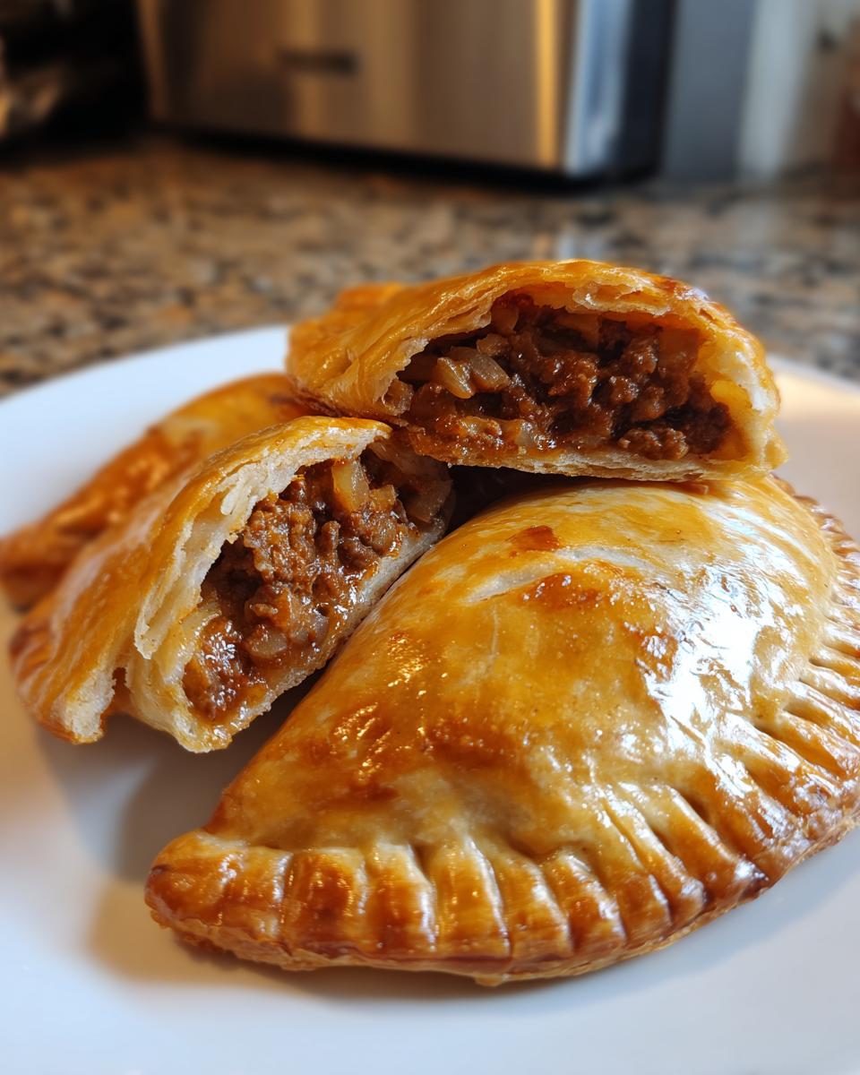 Empanadas argentinas caseras con relleno de carne y cebolla en plato blanco