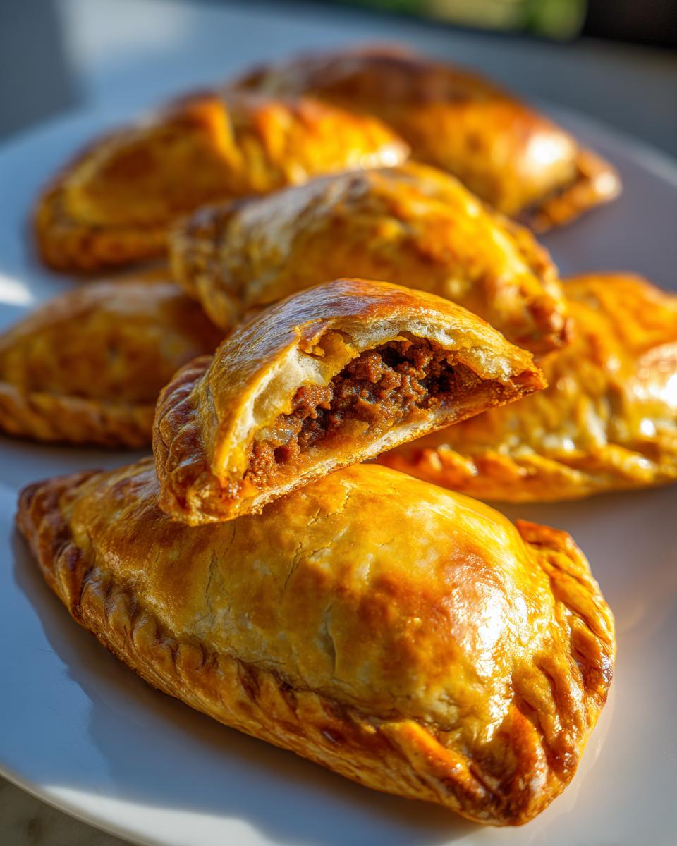 Empanadas argentinas doradas con relleno de carne en un plato blanco