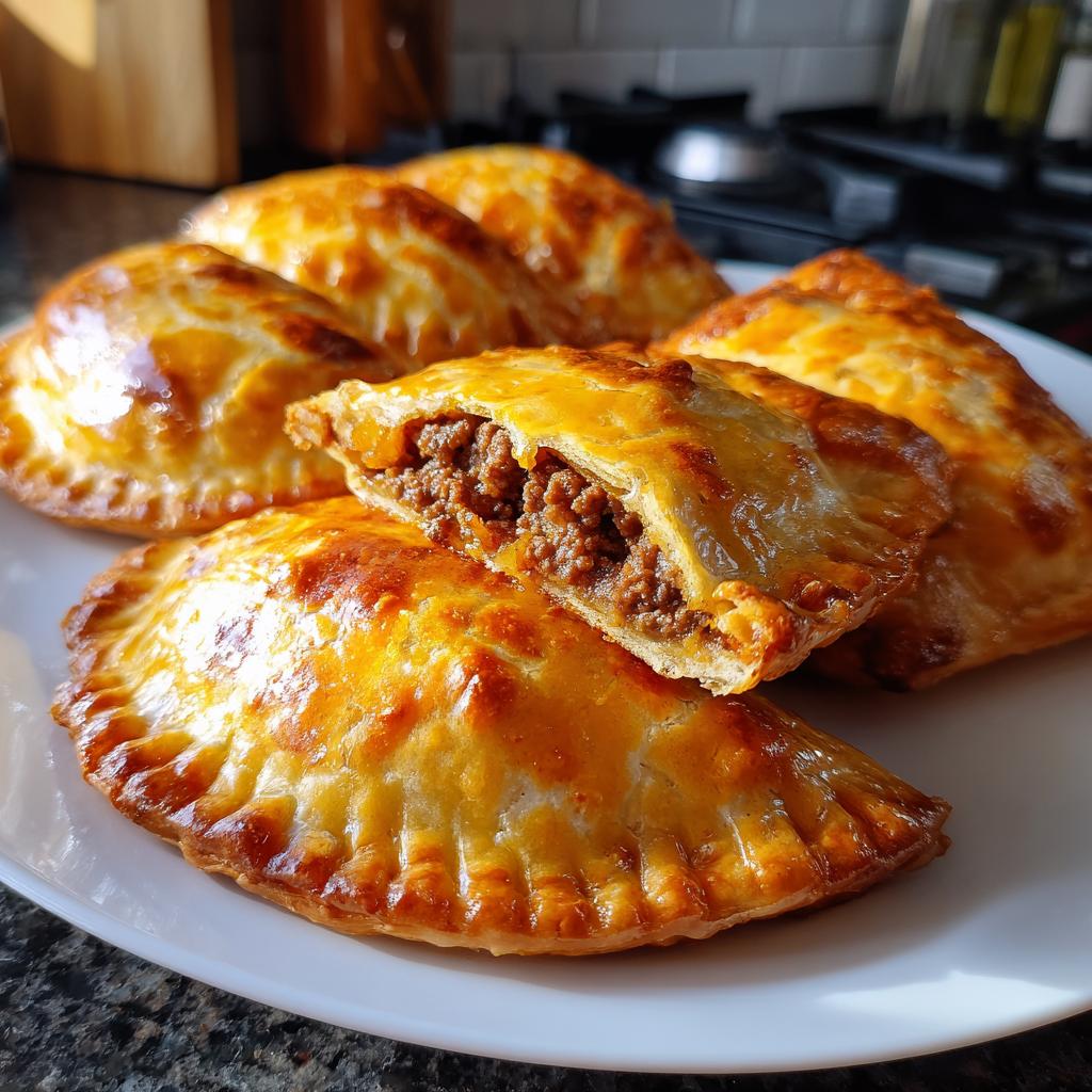 Empanadas argentinas doradas con relleno de carne en un plato blanco