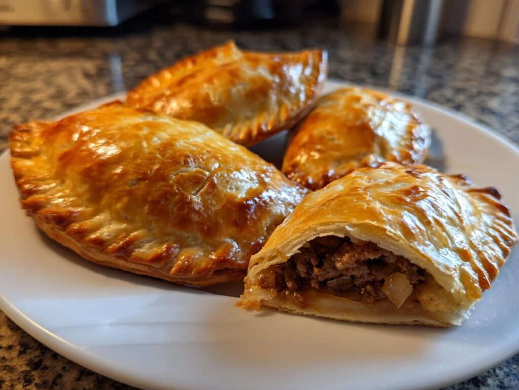 Empanadas argentinas doradas en un plato blanco, una abierta mostrando relleno de carne
