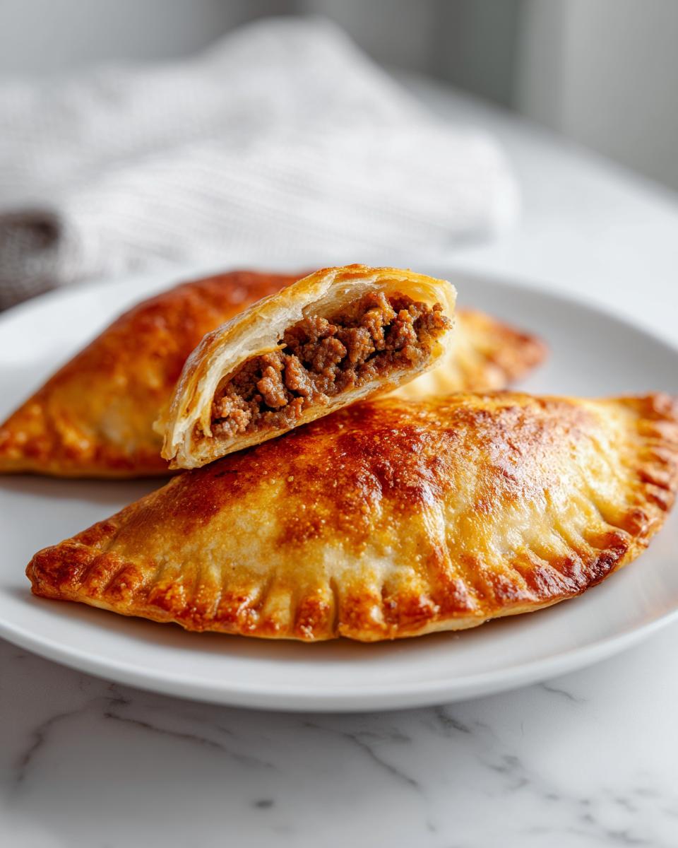 Empanadillas al horno rápidas con relleno de carne en un plato blanco