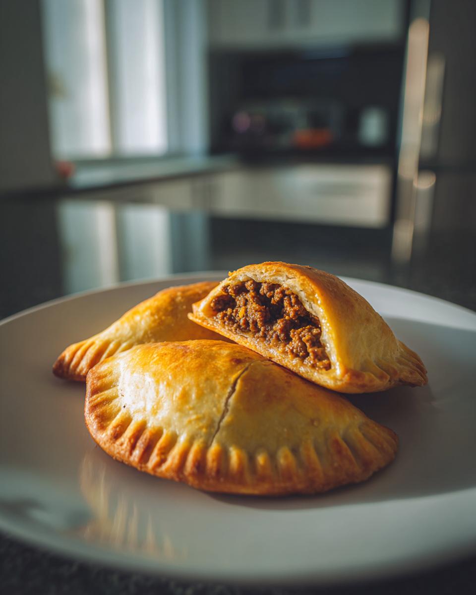 Empanadillas al horno rápidas con relleno de carne en un plato blanco