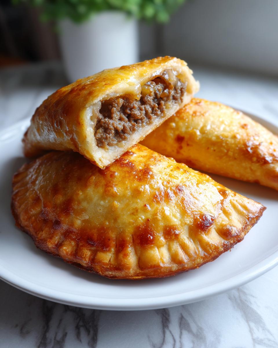 Empanadillas al horno rápidas doradas con relleno de carne en un plato blanco