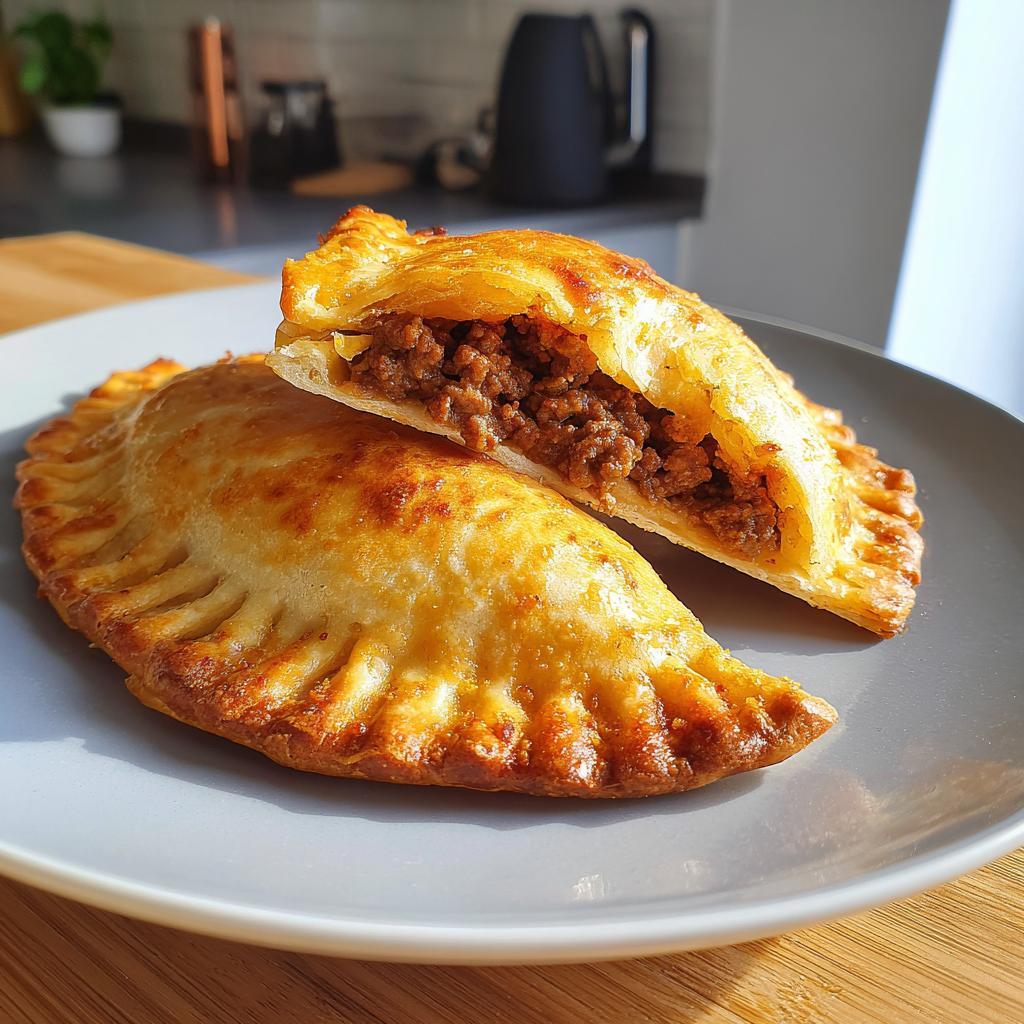 Empanadillas al horno rápidas con relleno de carne en un plato blanco