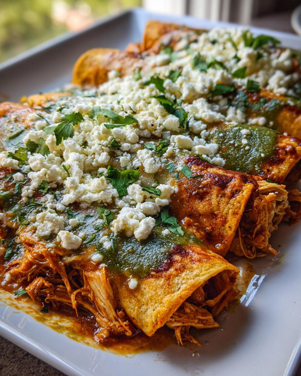 Plato de enchiladas verdes caseras rellenas de pollo y cubiertas con queso fresco y cilantro