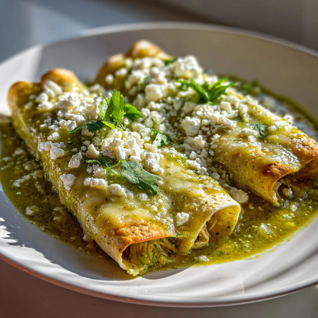 Plato con enchiladas verdes caseras cubiertas de queso fresco y cilantro