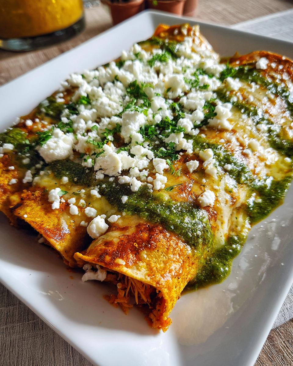 Plato de enchiladas verdes caseras cubiertas con queso fresco y salsa verde