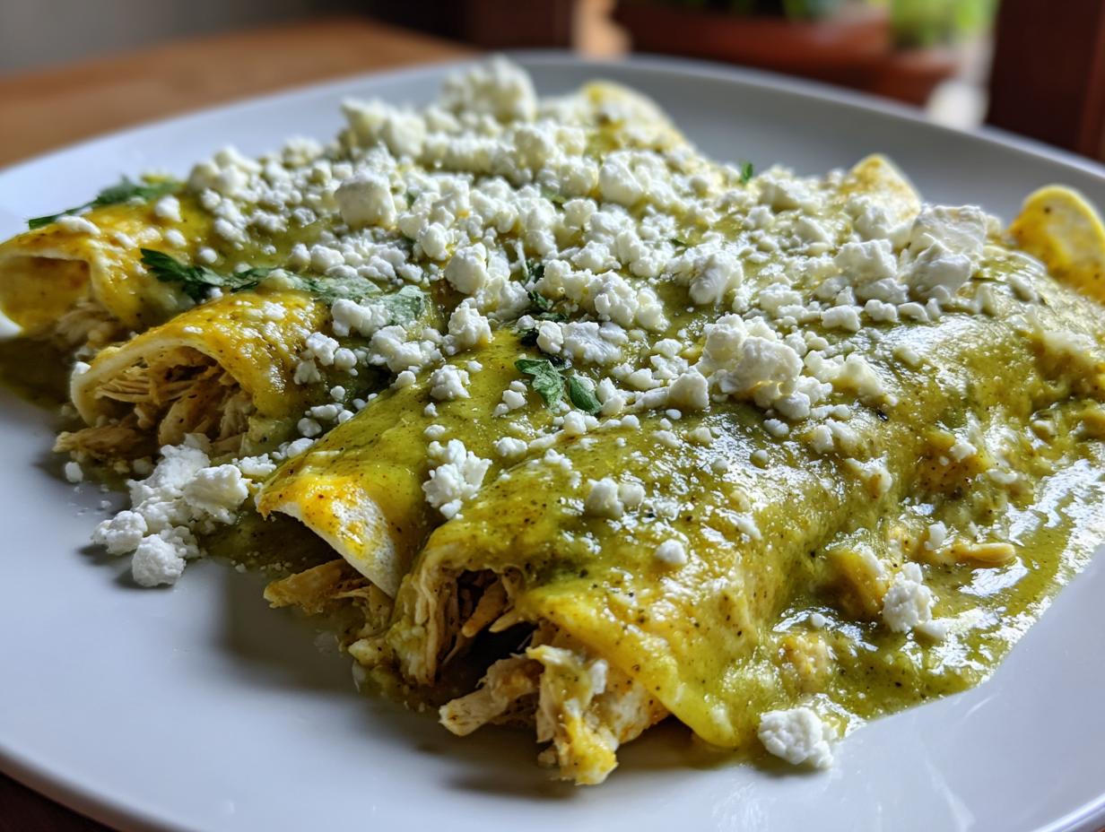 Plato de enchiladas verdes caseras cubiertas con queso fresco y salsa verde