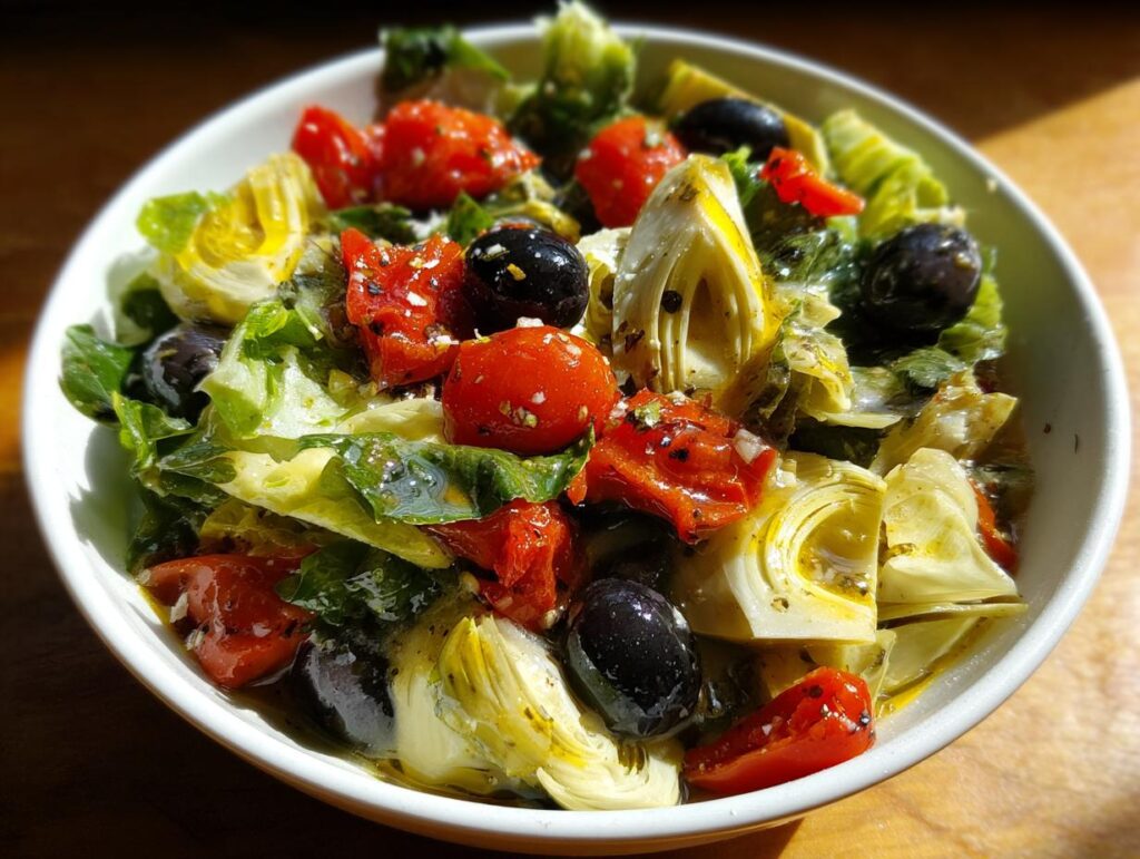 Ensalada con alcachofas, aceitunas negras, tomates cherry y hojas verdes en un bol blanco