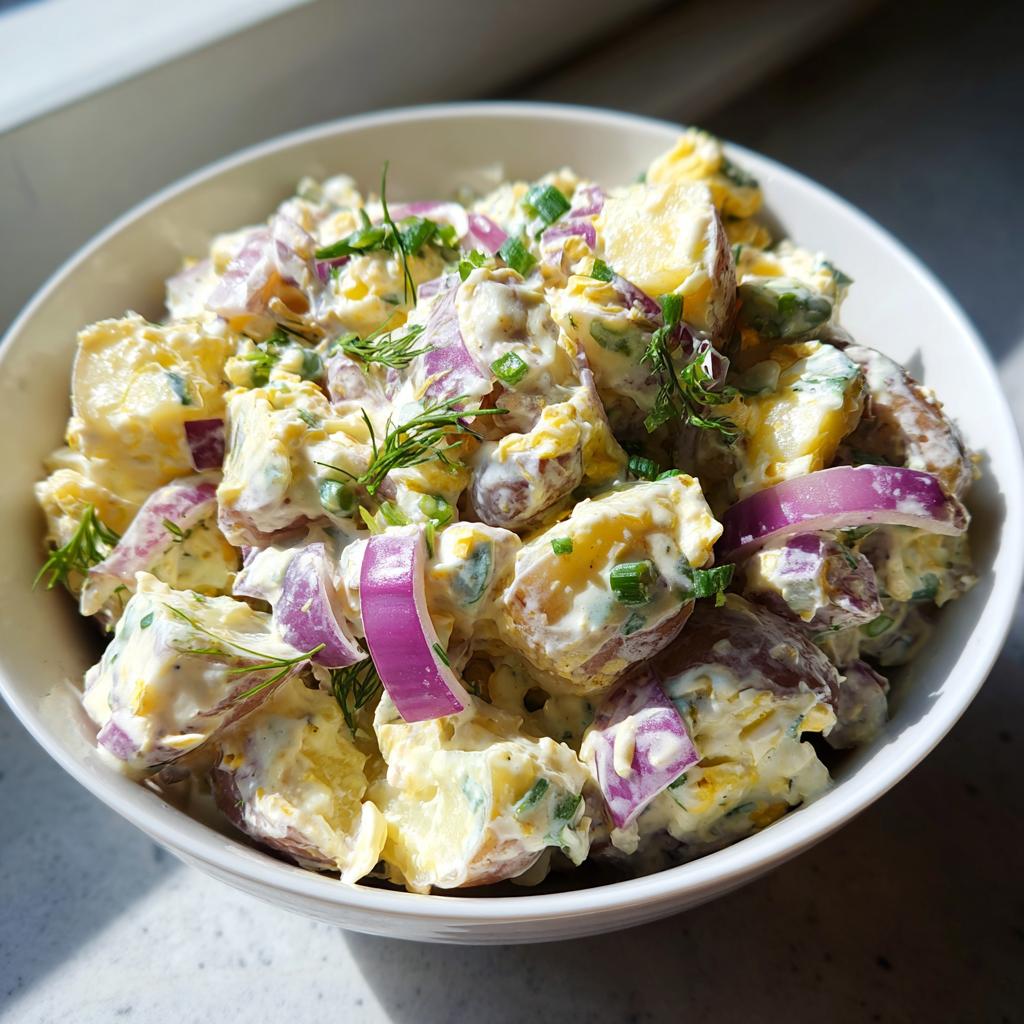 Ensalada cremosa de papas con cebolla roja y hierbas en un tazón blanco, ideal para recetas para el 1 de mayo