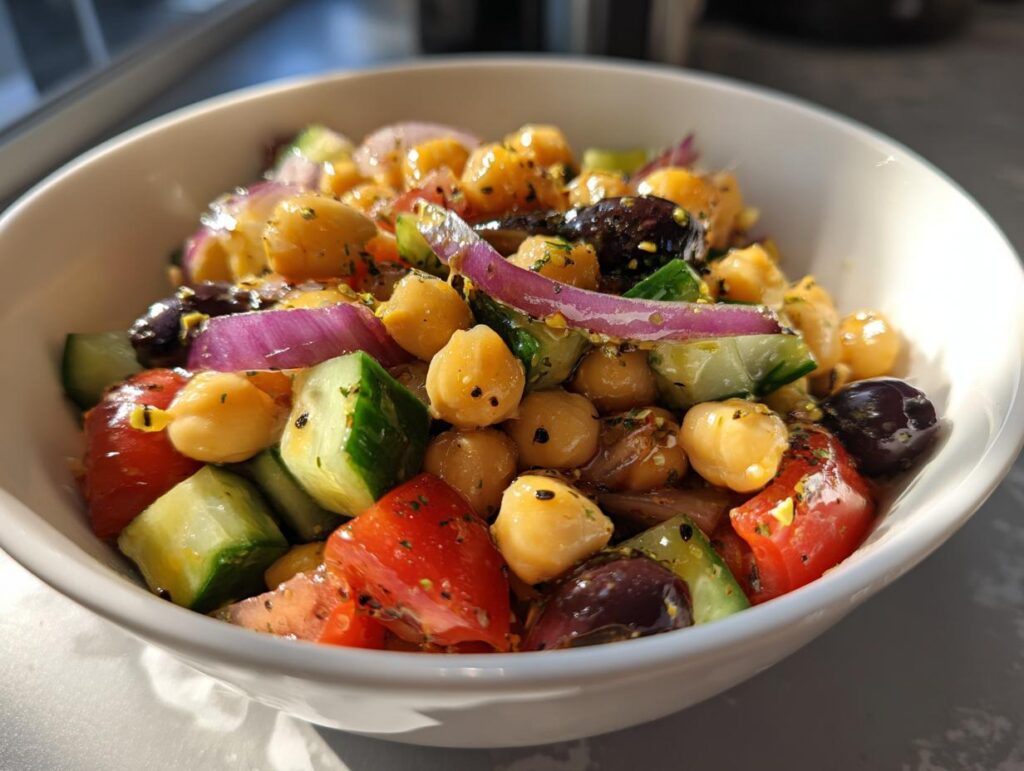 Bol blanco con ensalada de garbanzos, tomate, pepino, cebolla morada y aceitunas negras