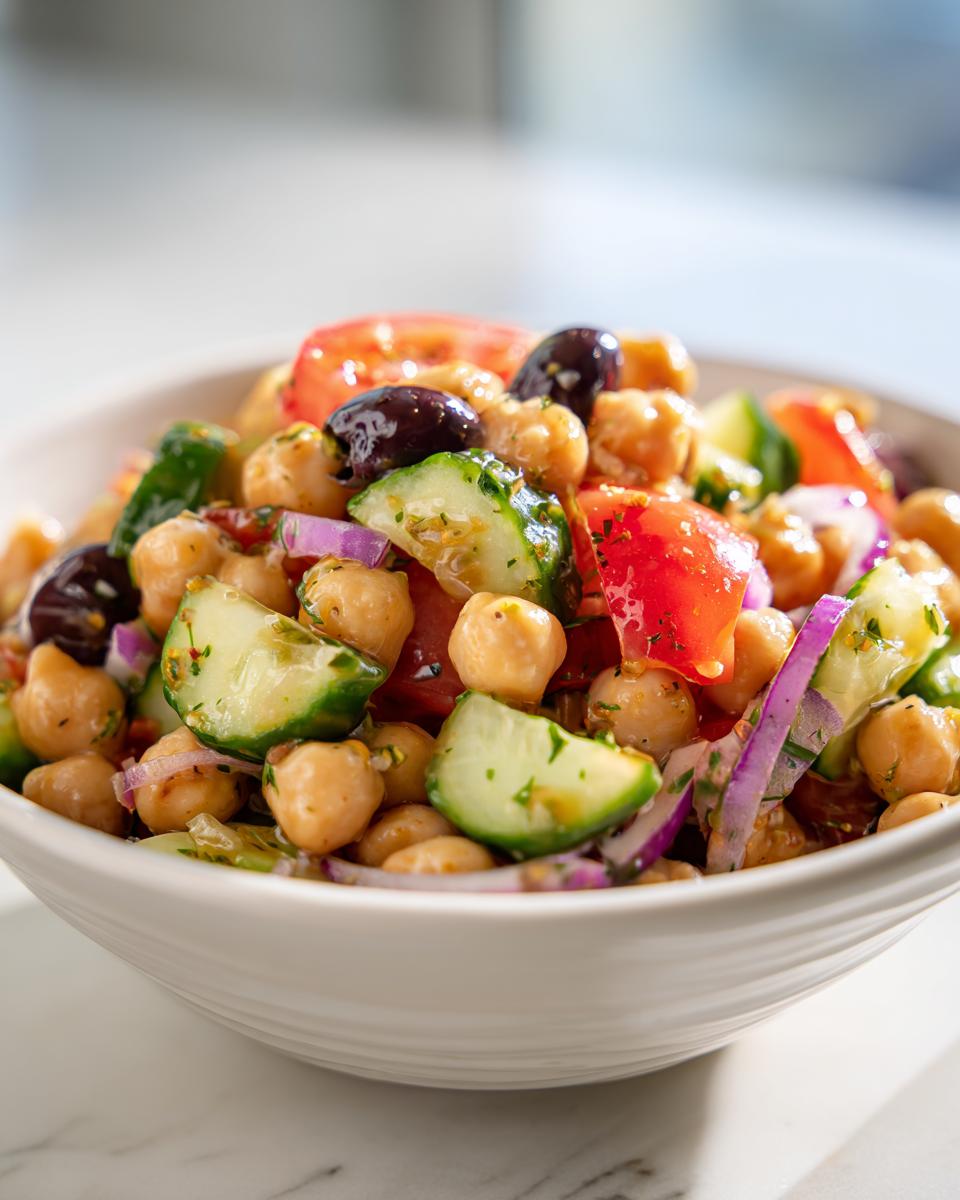 Bowl con ensalada de garbanzos, pepino, tomate, cebolla morada y aceitunas negras