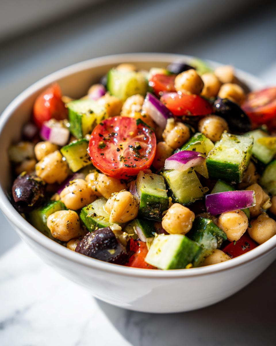 Bowl con ensalada de garbanzos, tomate cherry, pepino, cebolla morada y aceitunas negras