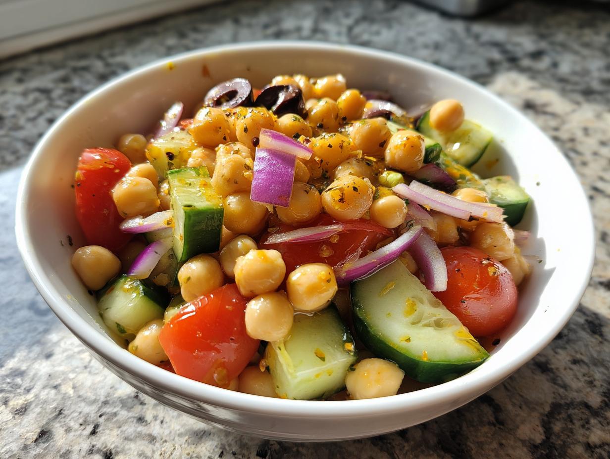 Ensalada de garbanzos con tomate, pepino, cebolla morada y aceitunas en un bol blanco