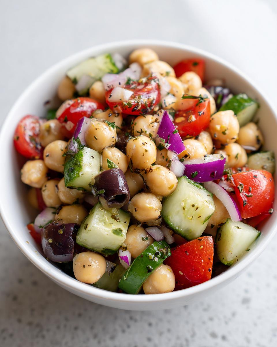 Tazón con ensalada de garbanzos, pepino, tomate, cebolla morada y aceitunas negras