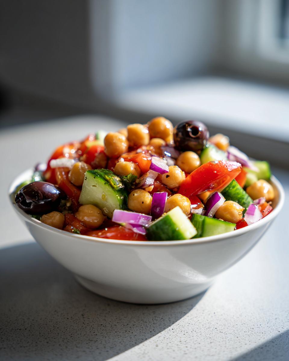 Tazón blanco con ensalada de garbanzos, pepino, tomate, cebolla morada y aceitunas negras.