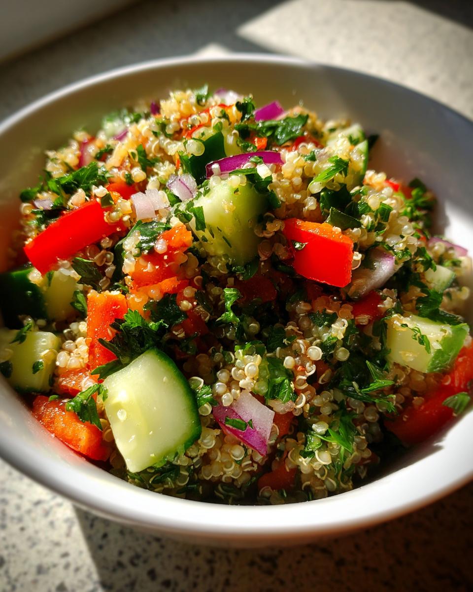 Ensalada de quinoa con pepino, pimiento rojo, cebolla morada y perejil en un bol blanco