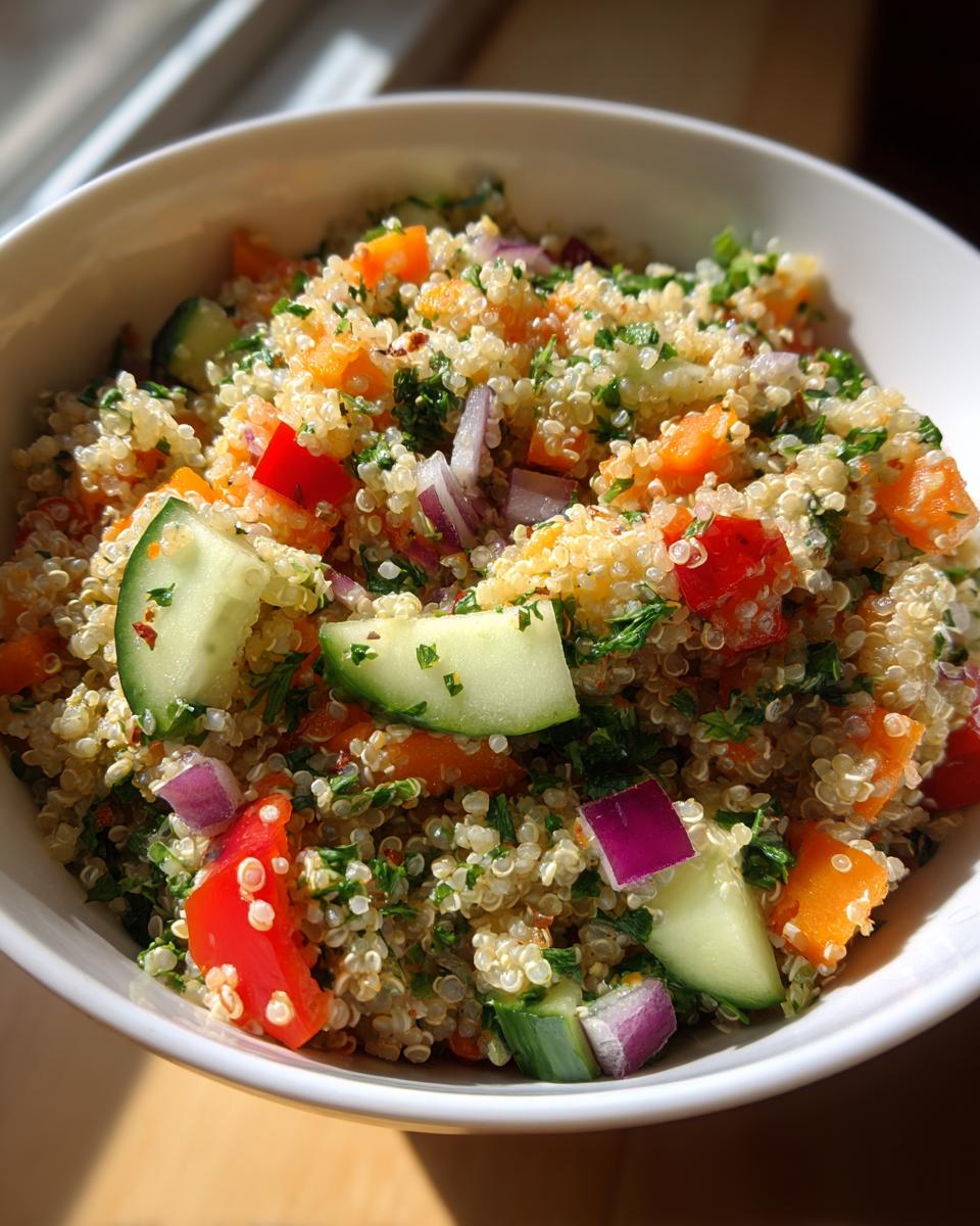 Tazón blanco con ensalada de quinoa con pepino, pimiento rojo, cebolla morada y perejil.