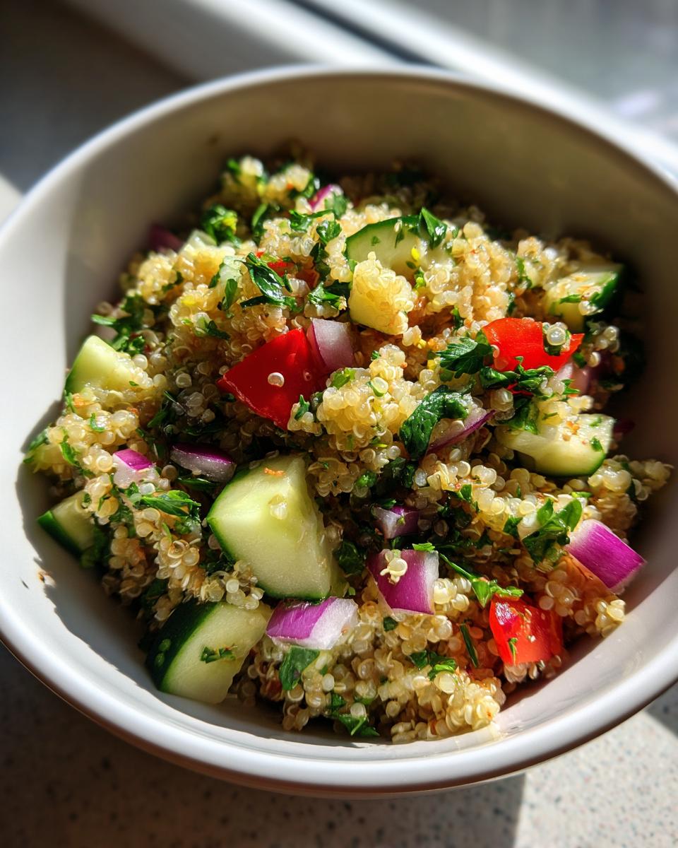 Tazón de ensalada de quinoa con pepino, tomate, cebolla morada y perejil.