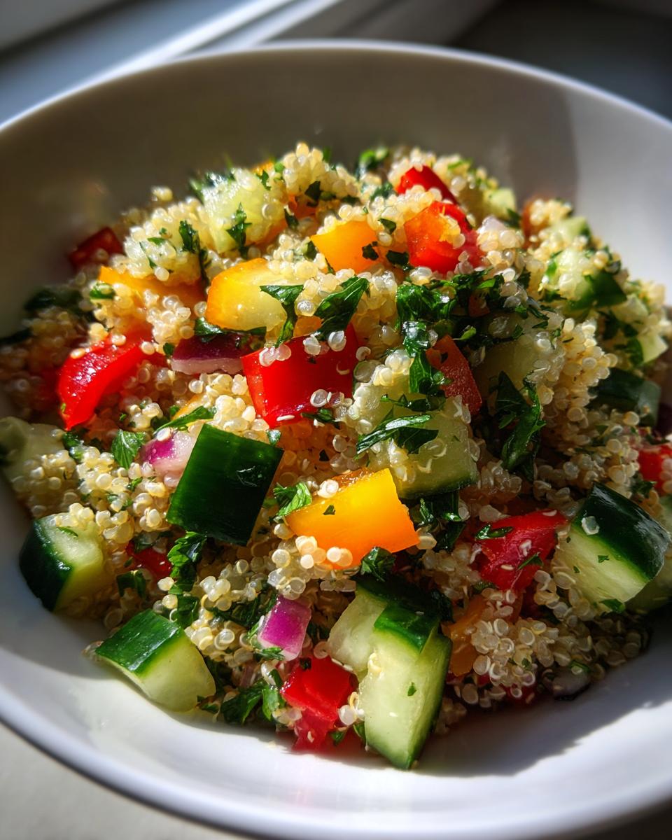 Ensalada de quinoa con pepino, pimientos y perejil en un bol blanco