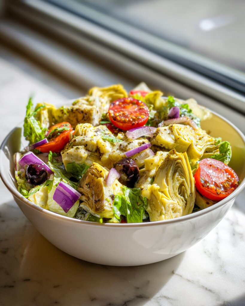 Ensalada con alcachofas, tomates cherry, cebolla morada y aceitunas en un bol blanco
