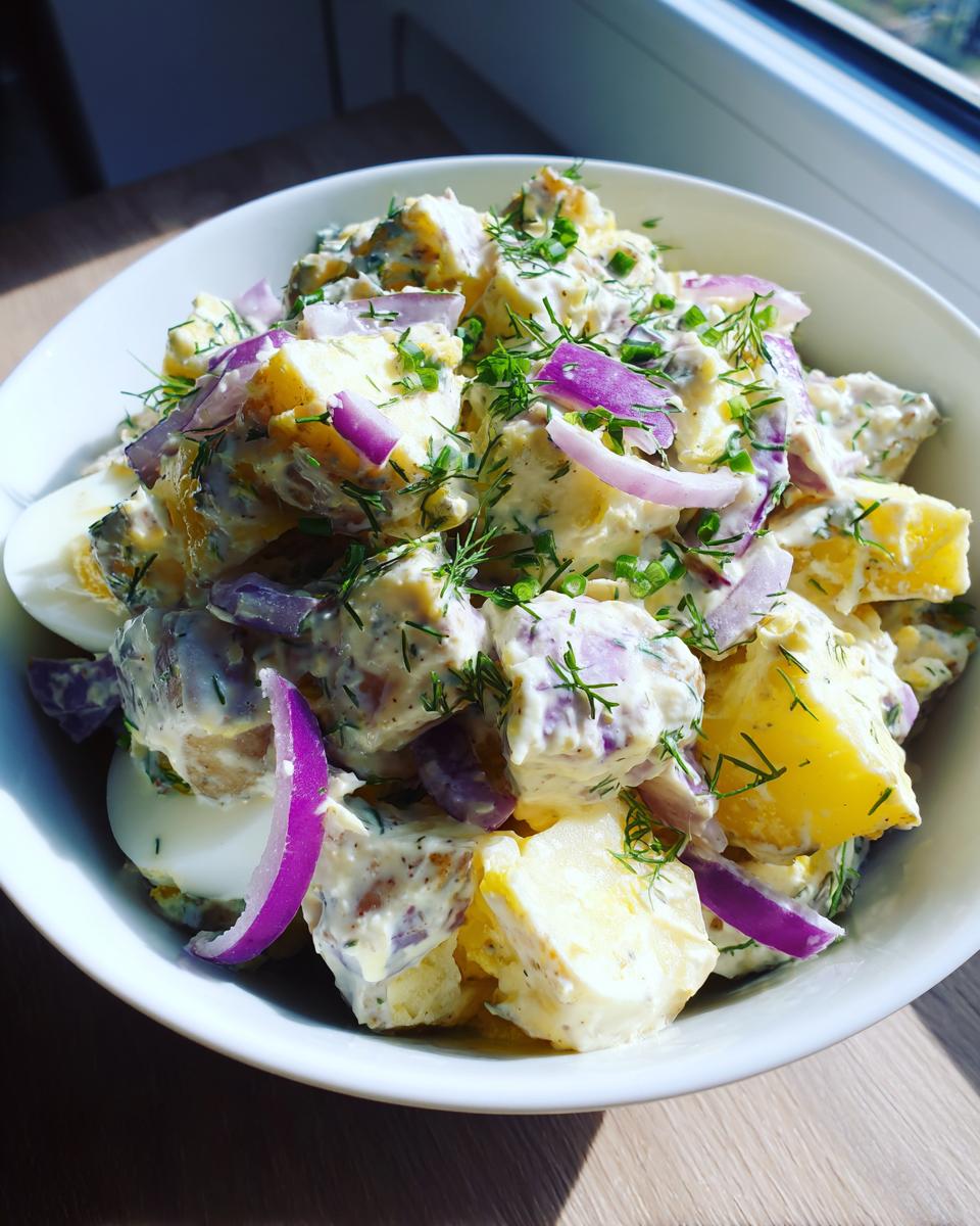 Ensalada de papas con cebolla morada y aderezo cremoso en un tazón blanco