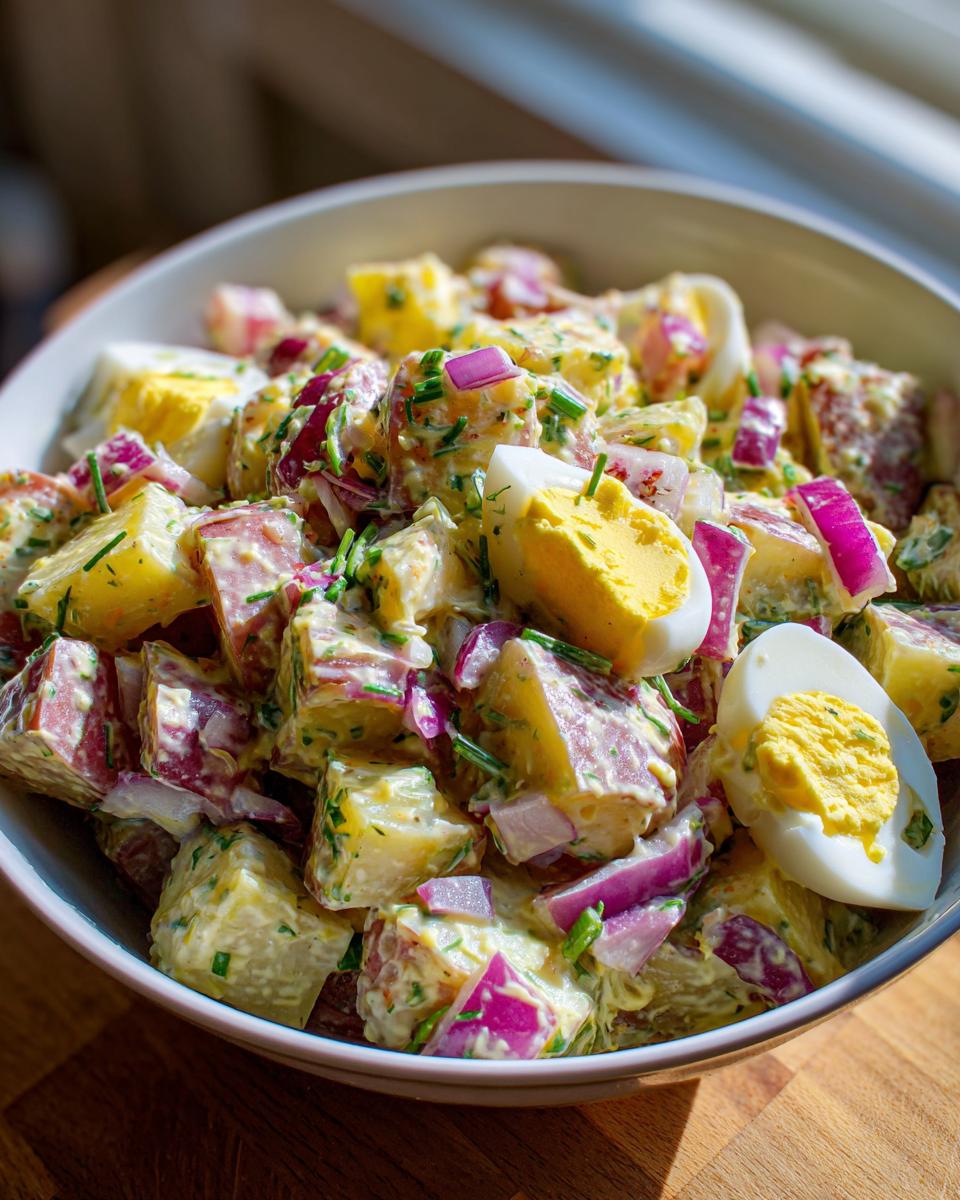 Ensalada de papas con huevo, cebolla morada y hierbas frescas en un tazón blanco